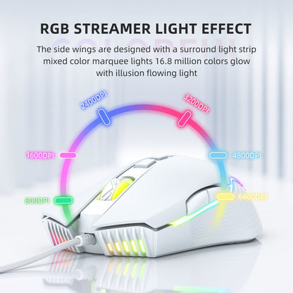 Adjustable 6400 DPI Wired LED Gaming Mouse with Breathing LED Colors White