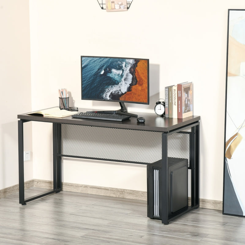 Computer Desk 135cm, Writing Table for Home Office, Study Workstation with Metal Frame, Brown and Black