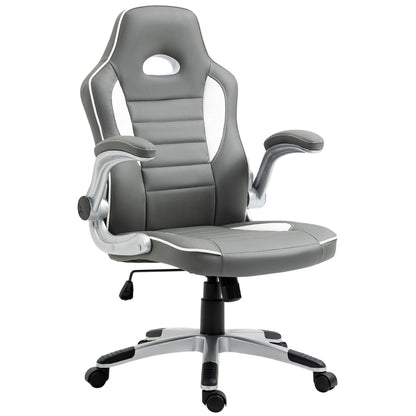 Computer Gaming Chair, Office Desk Swivel Chair, PU Leather Racing Chair with 90° Flip-up Armrest, Adjustable Height and Rolling Wheels, Grey