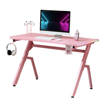 Racing Style LED Gaming Desk Office Desk Computer Table RGB Carbon Fibre Surface Headphone Hook Cup Holder Controller Rack Pink