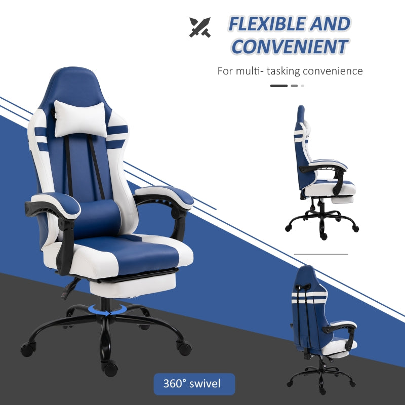 PU Leather Gaming Chair with Headrest, Footrest, Wheels, Adjustable Height, Racing Gamer Chair, Blue White