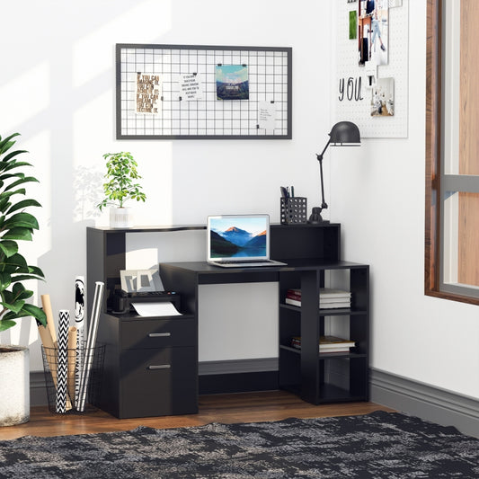 Modern Computer Desk with Drawers and Storage Shelves, Study Workstation, Writing Desk with Printer Stand for Home Office, Black
