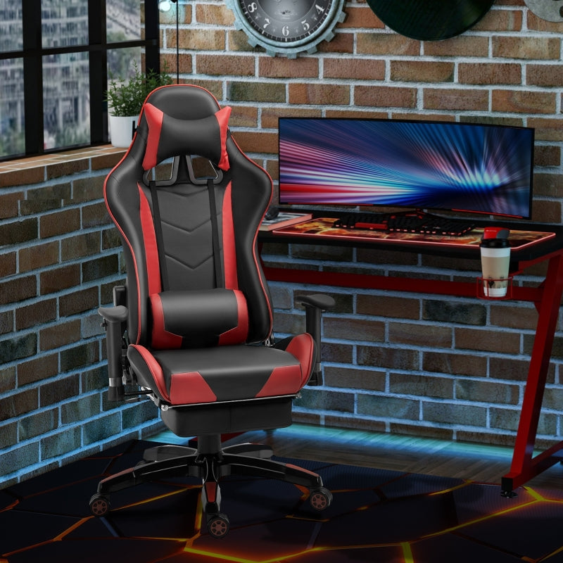 High-Back Gaming Chair Swivel Home Office Computer Racing Gamer Recliner Chair Faux Leather with Footrest, Wheels, Red Black
