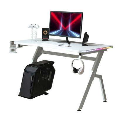 Racing Style LED Gaming Desk, Home Office Desk, Computer Table with RGB LED Lights, Carbon Fibre Surface, Headphone Hook, Cup Holder, Controller Rack, White