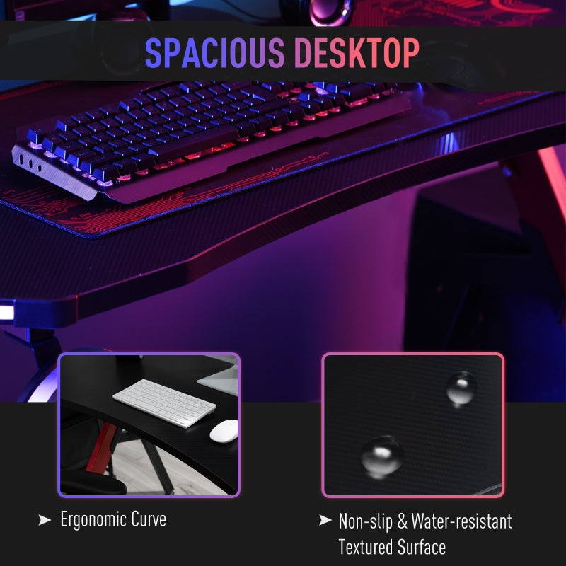 Racing Style LED Gaming Desk Office Desk Computer Table RGB Carbon Fibre Surface Headphone Hook Cup Holder Controller Rack Black And Red