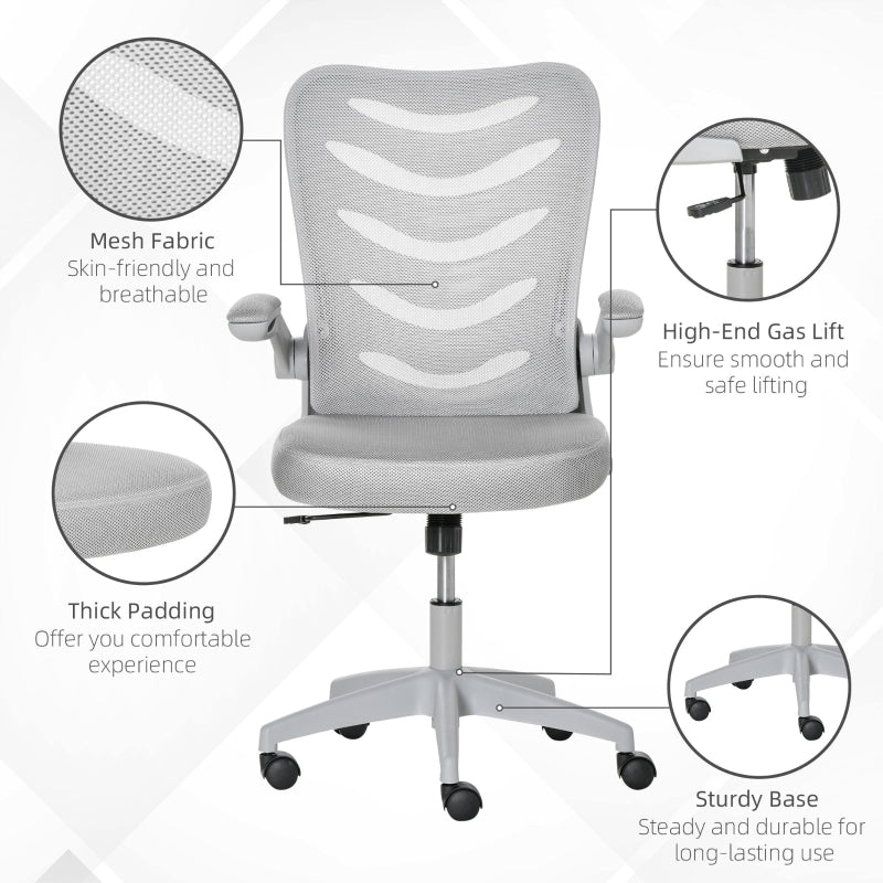 Mesh Office Gaming Chair for Home Swivel Task Desk Chair with Lumbar Back Support, Flip-Up Arm, Adjustable Height, White/Grey