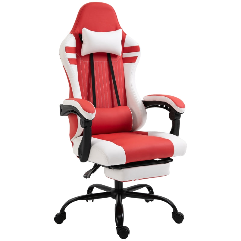 PU Leather Gaming Chair with Headrest, Footrest, Wheels, Adjustable Height, Racing Gamer Chair, Red White