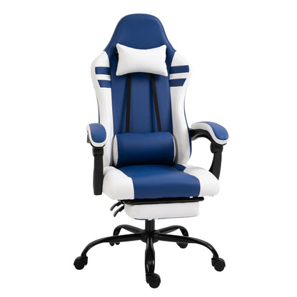 PU Leather Gaming Chair with Headrest, Footrest, Wheels, Adjustable Height, Racing Gamer Chair, Blue White