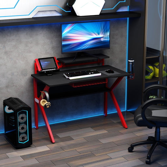 Gaming Desk Computer Table with Monitor Stand, Cup Holder, Headphone Hook, Wire Basket and Metal Frame, Red