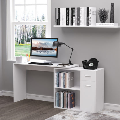 L-Shaped Desk Computer Corner Desk, Adjustable Dining Table with Storage Shelf and Drawer, Workstation for Home Office, White