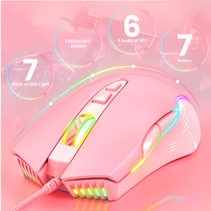 Adjustable 6400 DPI Wired LED Gaming Mouse with Breathing LED Colors Pink