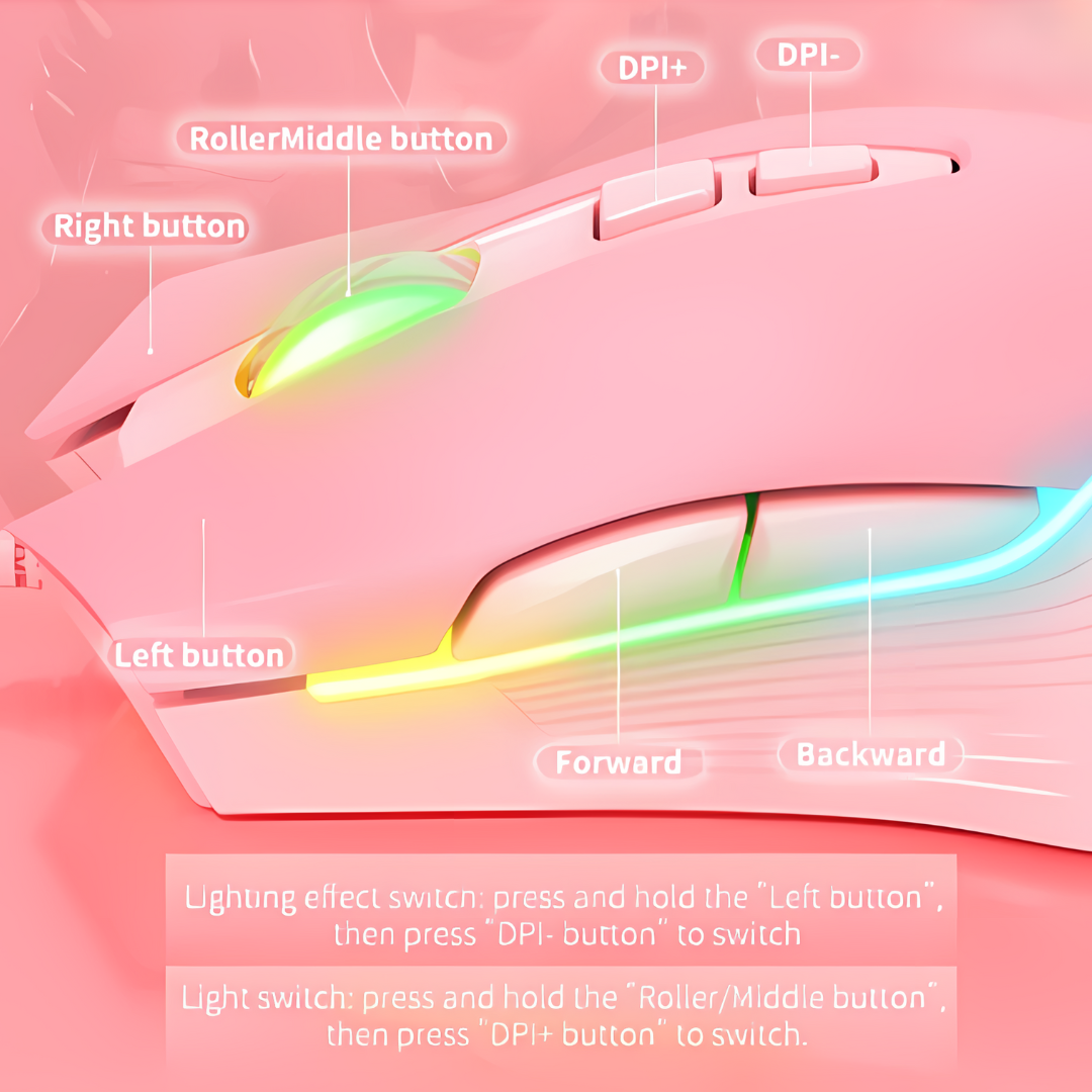 Adjustable 6400 DPI Wired LED Gaming Mouse with Breathing LED Colors Pink