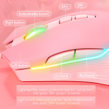 Adjustable 6400 DPI Wired LED Gaming Mouse with Breathing LED Colors Pink