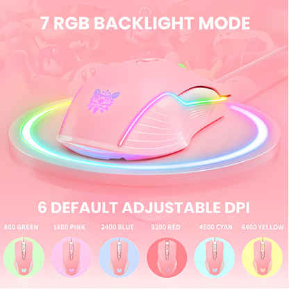 Adjustable 6400 DPI Wired LED Gaming Mouse with Breathing LED Colors Pink