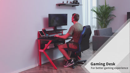 Gaming Desk Computer Table with Monitor Stand, Cup Holder, Headphone Hook, Wire Basket and Metal Frame, Red