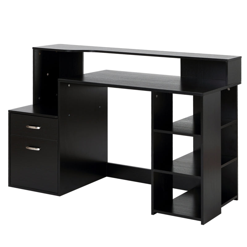 Modern Computer Desk with Drawers and Storage Shelves, Study Workstation, Writing Desk with Printer Stand for Home Office, Black