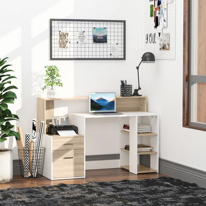 Modern Computer Desk with Drawers and Storage Shelves, Study Workstation, Writing Desk with Printer Stand for Home Office, Oak and White