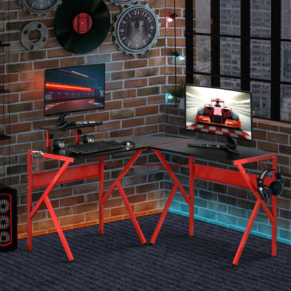 Gaming Desk L-Shaped Corner Computer Table for Home Office PC Workstations with Adjustable Monitor Stand Cup Holder Headphone Hook 125x125x75cm, Red