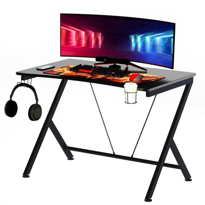 Gaming Desk Computer Table Metal Frame with Cup Holder, Headphone Hook, Cable Hole, Black