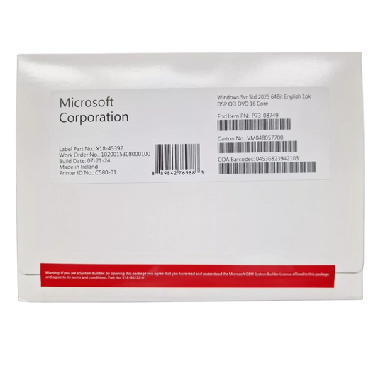 Microsoft Windows Server 2025 64 BIT Standard 16 Core DVD