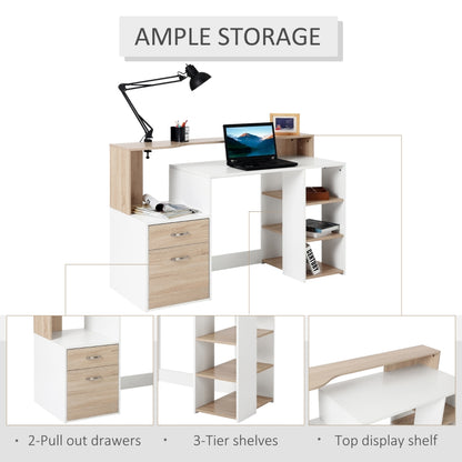 Modern Computer Desk with Drawers and Storage Shelves, Study Workstation, Writing Desk with Printer Stand for Home Office, Oak and White
